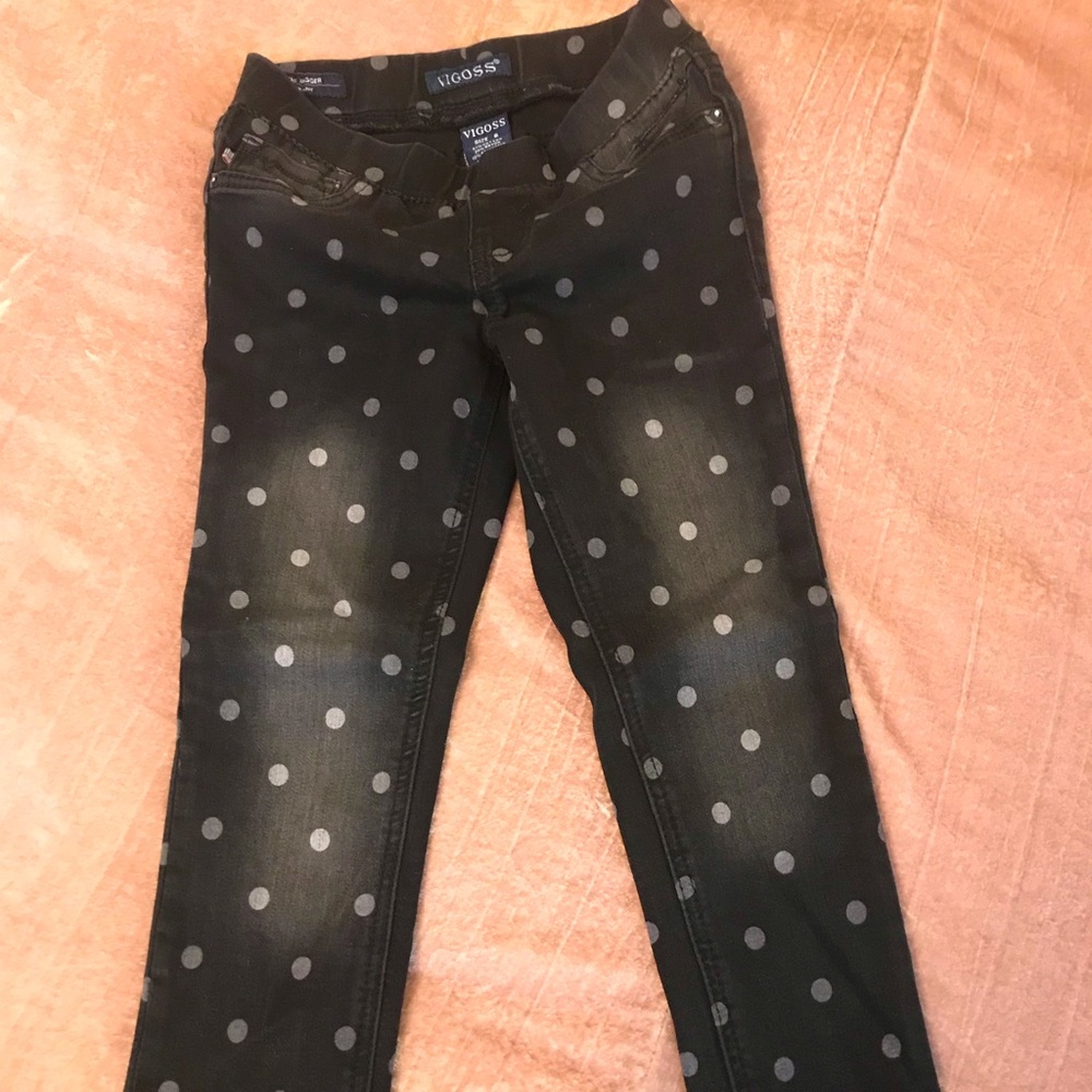 Vigoss size 6 flare Jagger denim’s black with fading and grey polka dots